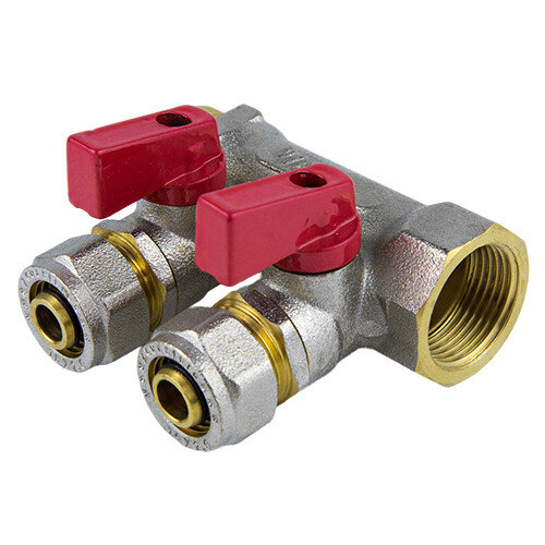 Коллектор латунный Aquasfera 7016 DN 16/20 PN 16 резьба - 3/4''x16x2, покрытие - никель, с шаровыми кранами, резьбовой ВР-НР/компрессионный, ручка-флажок красная, 7016-01