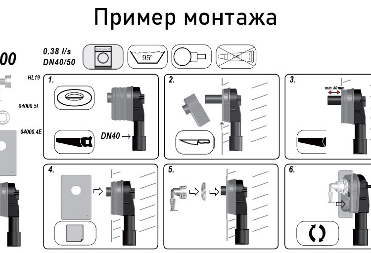 Сифон HL400 DN40/50 для стиральной машины, с прочисткой и обратным клапаном 3