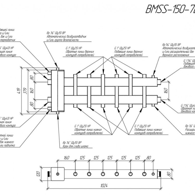 Коллектор распределительный GIDRUSS BMSS-150-7DU 7-ми контурный НР 1 1/2"x1" Ду 40 Ру 6 балансировочный 2