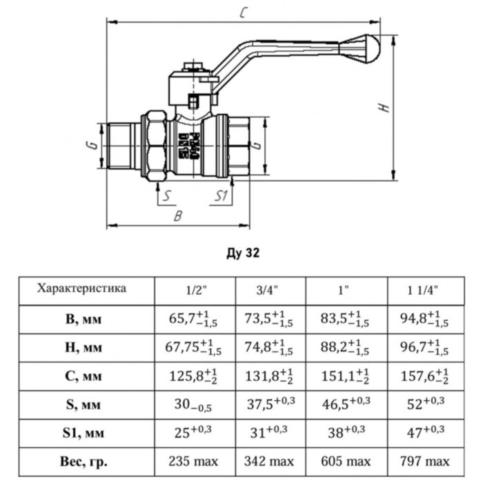 Кран шаровый VALFEX STANDART VF.223 ВР-НР 1 1/4" Ду 32 Ру 40 с американкой латунный