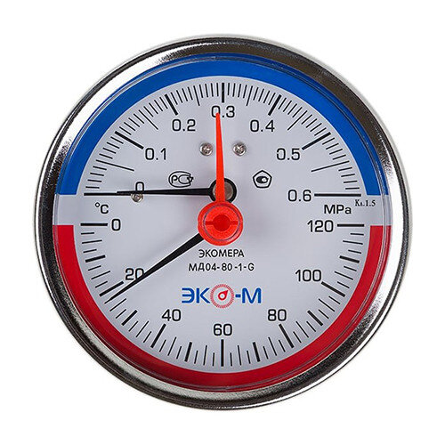 Термоманометр ЭКОМЕРА МД04-80 Ду 80 мм Ру 0-0,6 МПа Т 0-120C 1/4'' L=60 мм с переходником на 1/2''