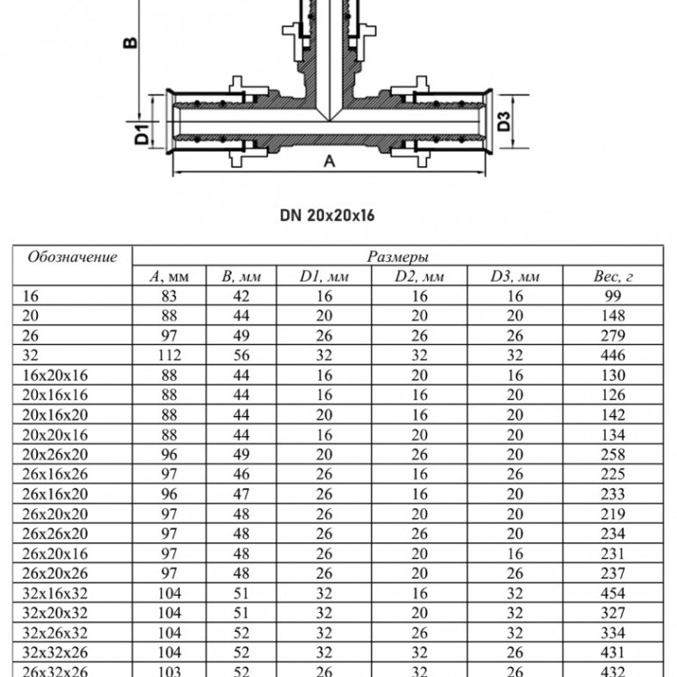 Тройник переходной VALTEC VTm.231 DN 20x20x16 PN 10 латунный никелированный 2