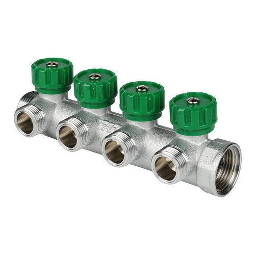 Коллектор распределительный FAR FK 3824 4 отвода ВР-НР 1"х3/4" DN 25 PN 16 с регулирующими клапанами плоское уплотнение