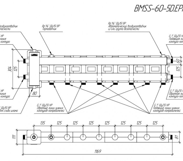 Коллектор распределительный GIDRUSS BMSS-60-5D.EPP 5-ти контурный НР 1" Ду 25 Ру 6 балансировочный в термоизоляции 3