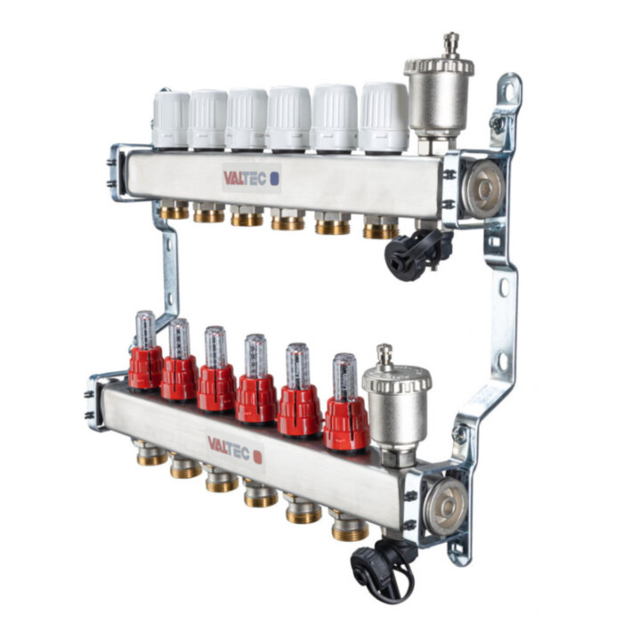 Коллекторная группа VALTEC VTc.586.EMNX.0606 6-ти контурный ВР-НР 1"x3/4" DN 25 PN 8 с регулирующими клапанами и расходомерами