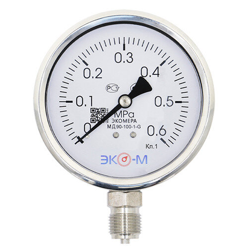 Манометр (вакуумметр) ЭКОМЕРА МД90 Ду 100 мм Ру 0-0,6 МПа гидрозаполненный коррозионностойкий