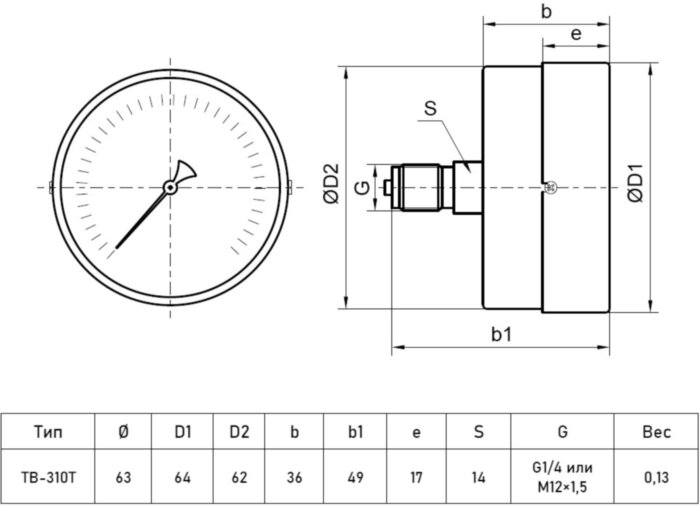 Вакуумметр РОСМА ТВ-310Т.00 (-0,1...0 МПа) Дкорп=63мм кл. 1,5 G1/4" общетехнический с повышенным кл.т. осевой УТ-00048743