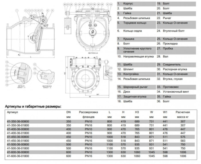 Клапан AVK 41/36 DN 400 PN 10 обратный поворотный с металлическим уплотнением фланцевый