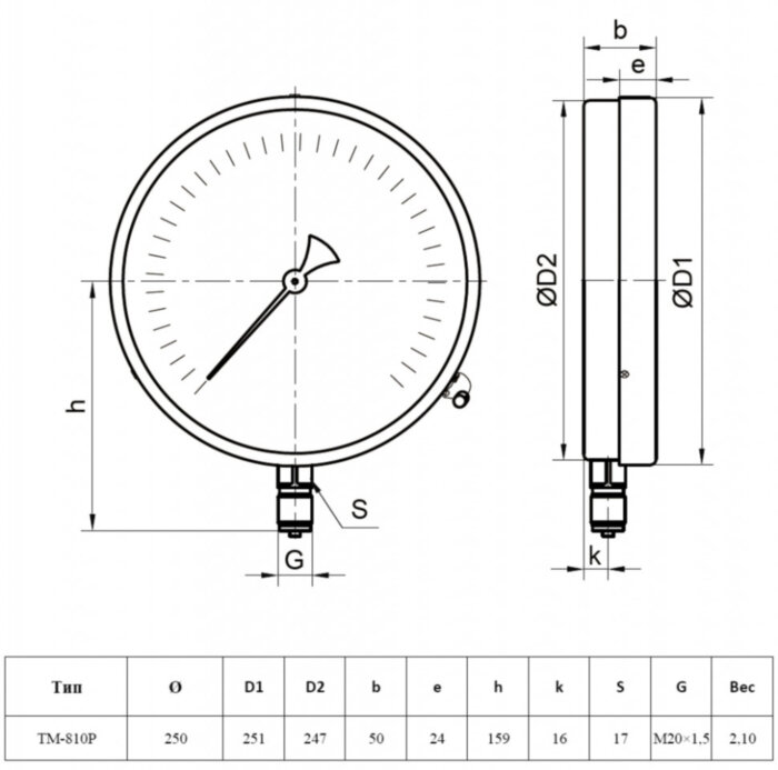 Манометр РОСМА ТМ-810Р.00 (0...4 МПа) Дкорп=250мм кл. 1,5 M20x1,5 общетехнический котловой радиальный 00000006753