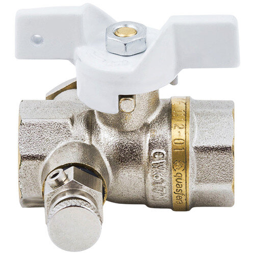 Кран шаровой латунный с воздухоотводчиком Aquasfera Standard 1133 DN 15 PN 40 резьба - 1/4''x1/2'', покрытие - никель, полнопроходной резьбовой ВР-ВР, ручка-бабочка белая 1133-01