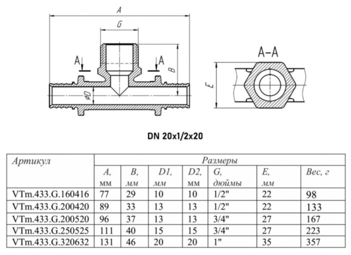 Тройник переходной VALTEC VTm.433.G НР 1/2" DN 20x15x20 PN 16 латунный