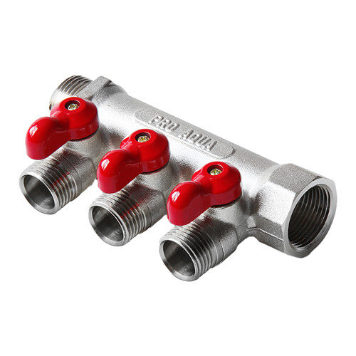 Коллектор распределительный Pro Aqua V100.02 2 отвода ВР-НР 3/4" х 1/2" Ду 20 Ру 10 с шаровыми кранами красная рукоятка