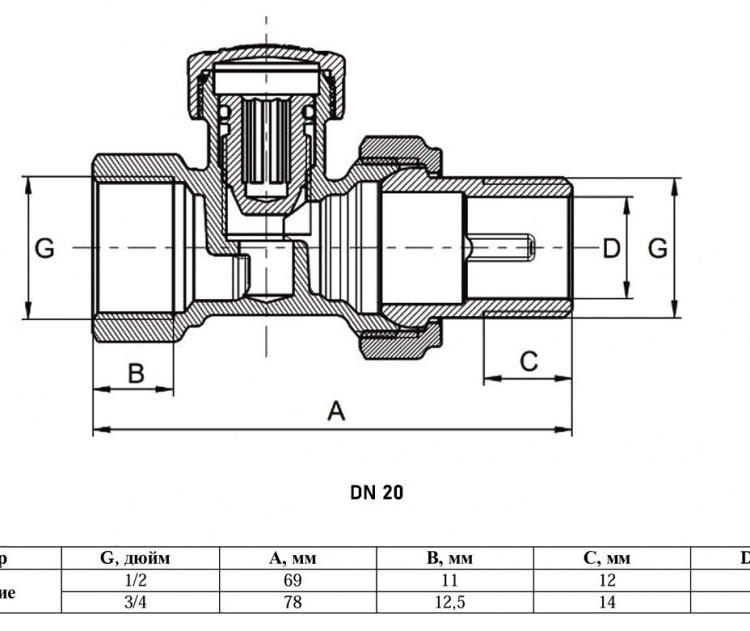 Клапан радиаторный VALFEX VF.020.N ВР-НР 3/4" DN 20 PN 10 настроечный прямой 2