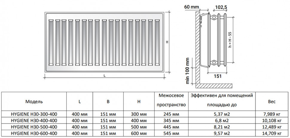Радиатор панельный Royal Thermo HYGIENE H30-400-400 Silver Satin