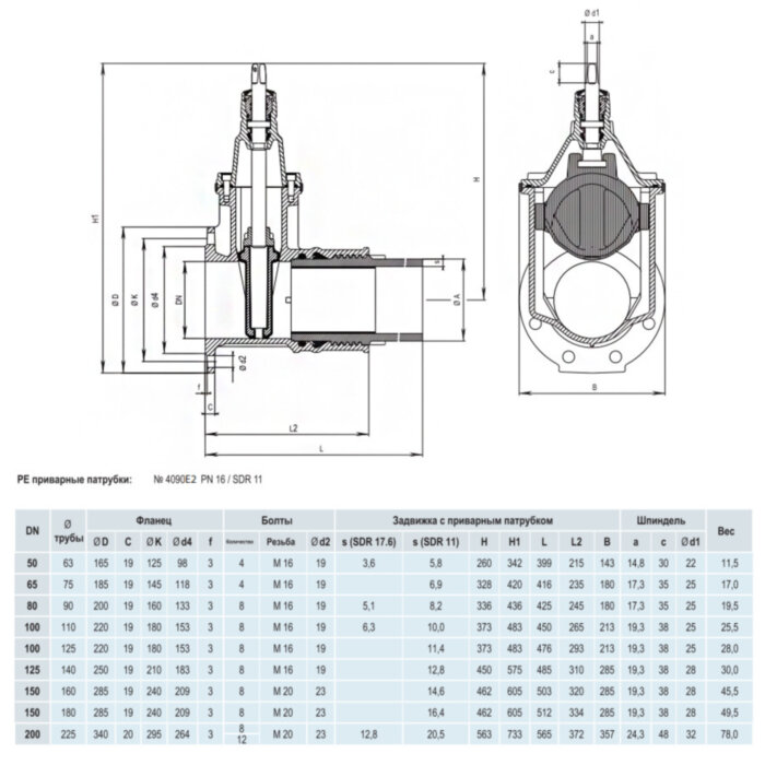 Задвижка HAWLE 4090E2 DN 150/160 PN 16 фланец - ПЭ патрубок клиновая чугунная с обрезиненным клином