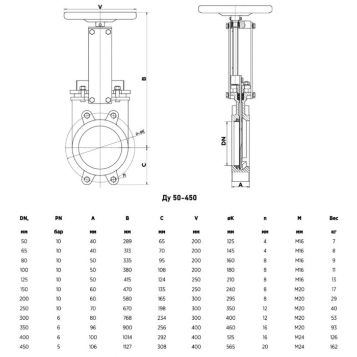 Задвижка шиберная VALSTOK VA-013-01-HW(N)-NBR Ду 150 Ру 10 односторонняя чугунная межфланцевая штурвал с невыдвижным штоком