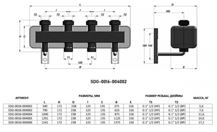 Коллектор распределительный STOUT SDG-0016 2-х контурный ВР-НР 1 1/2" DN 40 PN 4 в теплоизоляции