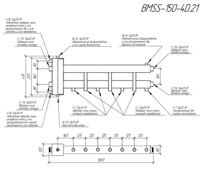 Коллектор распределительный GIDRUSS BMSS-150-4D 4-х контурный НР 1 1/2"x1" Ду 40 Ру 6 балансировочный