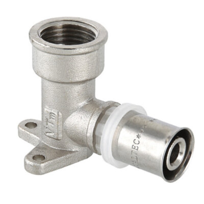 Угольник 90 градусов VALTEC VTm.254 ВР 1/2" DN 20x15 PN 10 с креплением латунный никелированный