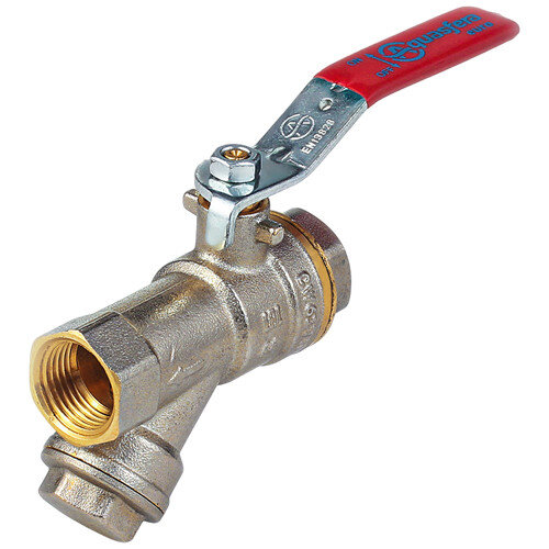 Кран шаровой латунный с косым фильтром Aquasfera EURO 1014 DN 15 PN 40 резьба - 1/2'', покрытие - никель, полнопроходной резьбовой ВР-ВР, ручка-рычаг красная 1014-01