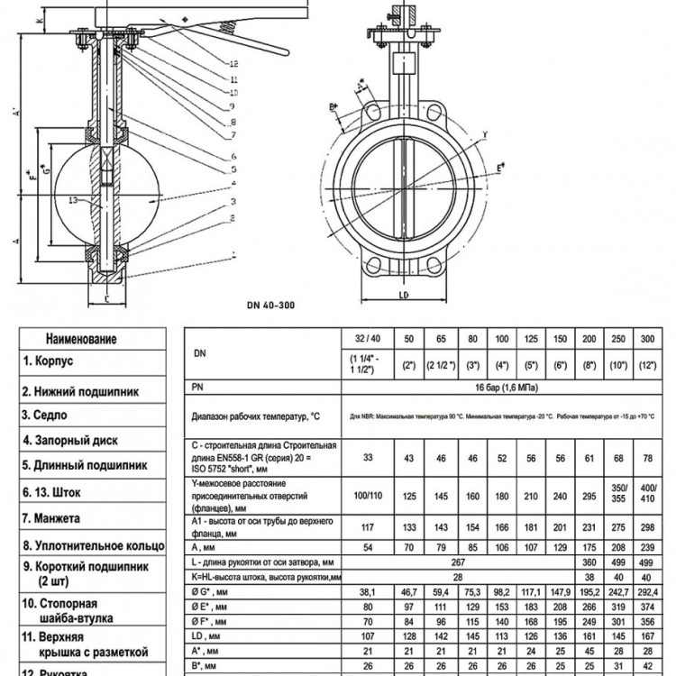 Затвор дисковый поворотный ABRA BUV-VF 843 DN 300 PN 16/10 межфланцевый с рукояткой 2