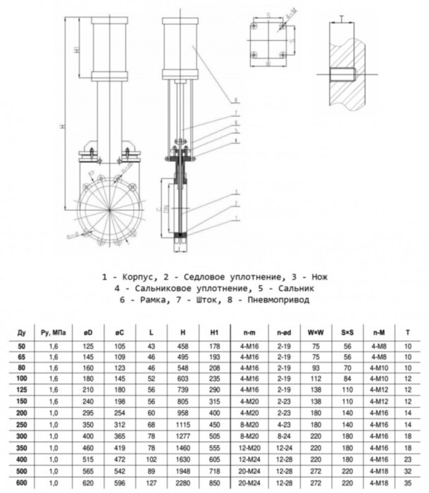 Задвижка шиберная Benarmo 1130P DN 300 PN 10 межфланцевая с пневмоприводом 2/стороннего действия с невыдвижным шпинделем, уплотнение - NBR