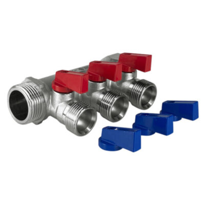 Коллектор распределительный VALFEX VF.580.NE.0603 3 отвода ВР-НР 1"х3/4" DN 25 PN 10 с шаровыми кранами евроконус