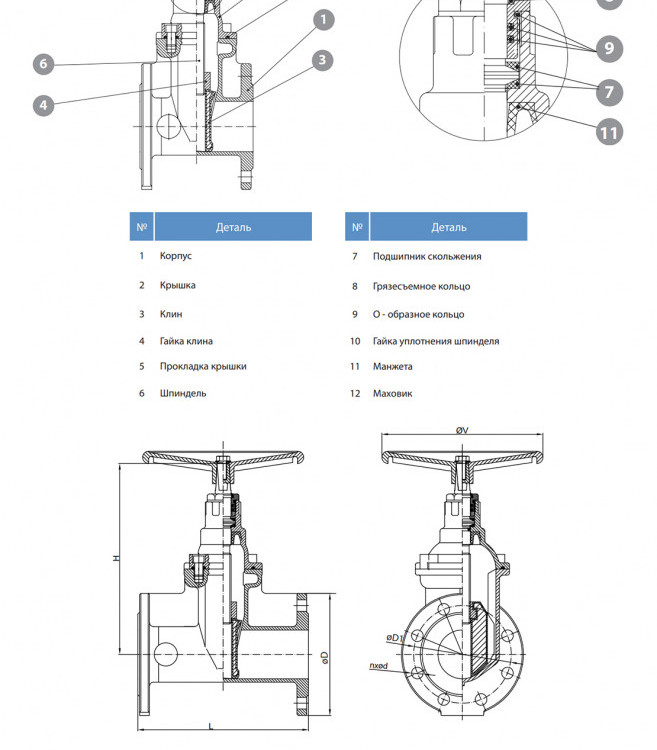 Задвижка GROSS DN 150 PN 10/16 фланцевая с обрезиненным клином с маховиком длинная 2