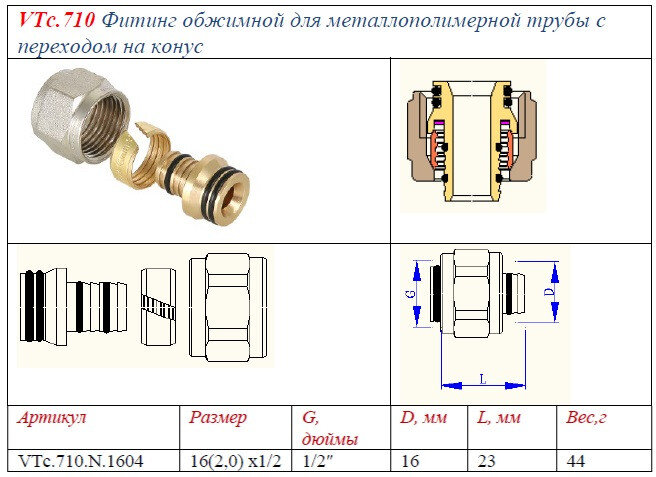 Обжимной соединитель VALTEC 1/2" для металлополимерной трубы VTc.710.N.1604