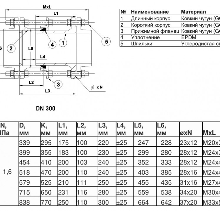 Вставка демонтажная Benarmo DN 300 PN 16 фланцевая чугунная 2