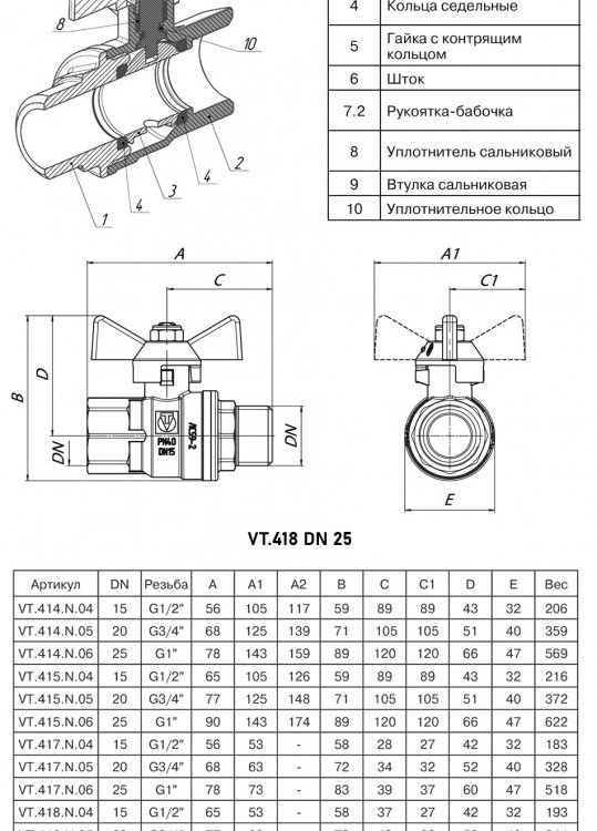 Кран шаровый VALTEC VT.418 ГОСТ Р 59553-2021 ВР-НР 1" DN 25 PN 40 никелированный латунный 2