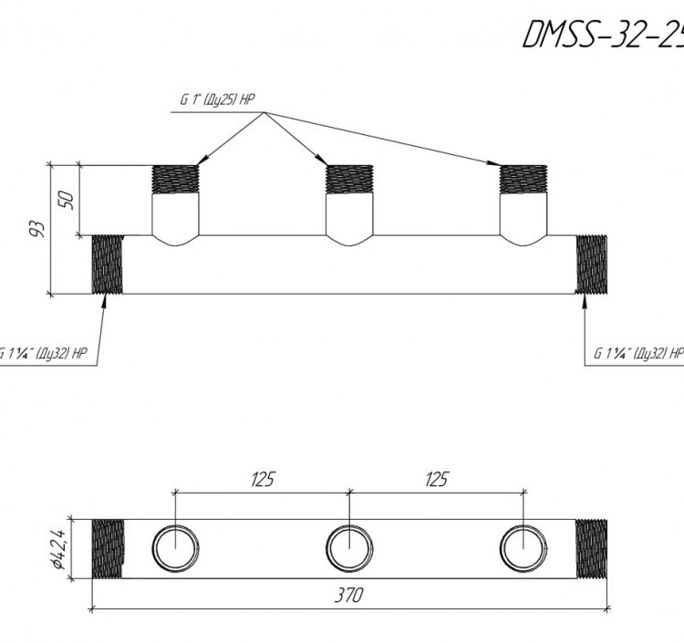 Коллектор распределительный GIDRUSS DMSS-32-25x3 3-х контурный НР 1 1/4"x1" Ду 32 Ру 10 магистральный 3