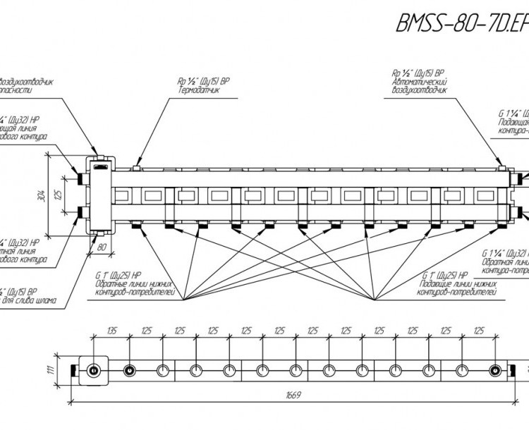 Коллектор распределительный GIDRUSS BMSS-80-7D.EPP 7-ми контурный НР 1 1/4"x1" Ду 32 Ру 6 балансировочный в термоизоляции 2