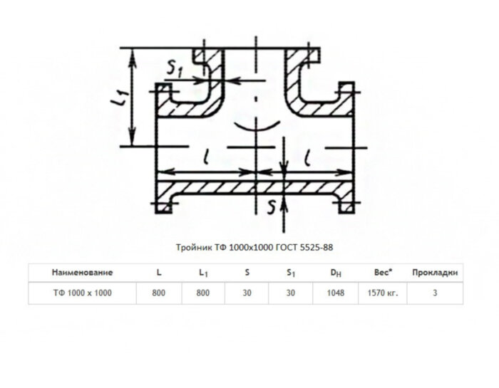 Тройник ТФ Ду 1000х1000 ВЧШГ ГОСТ 5525-88 чугунный фланцевый