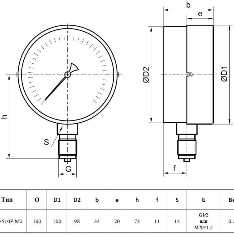 Манометр РОСМА ТМ-510Р.00 М2 (0...60 кгс/см2) Дкорп=100мм кл. 1,5 M20x1,5 общетехнический радиальный 00000007188 2