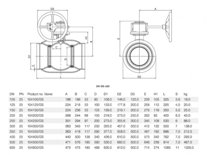 Кран шаровой Vexve 104/GS250 DN 250 PN 25 стальной стандартнопроходный под приварку для жидкости, с ручным редуктором