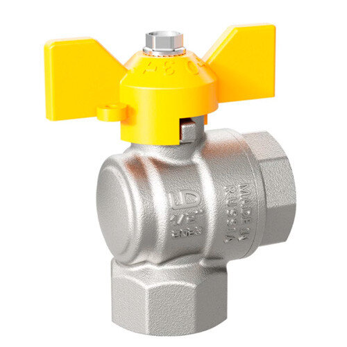 Кран шаровой латунный LD Pride 47.15.В-В.У.Б GAS Ду 15 Ру 40 резьба (ВР-ВР) 1/2", никелированный угловой, неполнопроходный