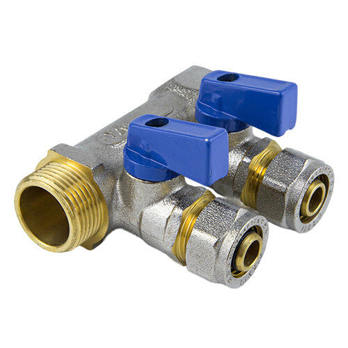 Коллектор латунный Aquasfera 7015 DN 16/25 PN 16 резьба - 1''x16x2, покрытие - никель, с шаровыми кранами, резьбовой ВР-НР/компрессионный, ручка-флажок синяя, 7015-03