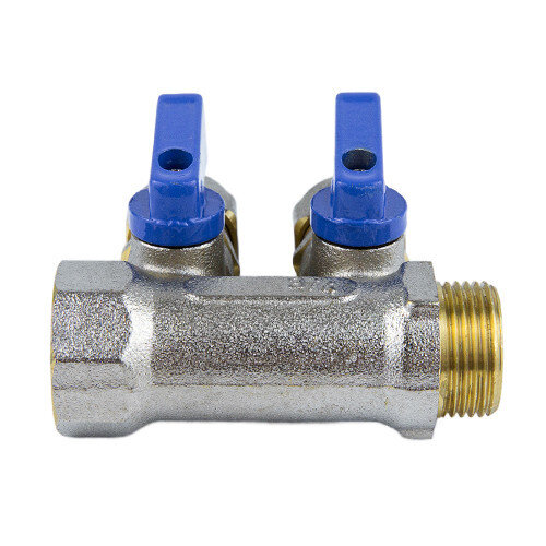 Коллектор латунный Aquasfera 7015 DN 16/25 PN 16 резьба - 1''x16x2, покрытие - никель, с шаровыми кранами, резьбовой ВР-НР/компрессионный, ручка-флажок синяя, 7015-03