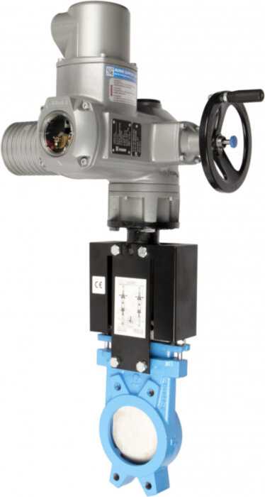 Задвижка шиберная СМО A-012-01-AUMA-E Ду 350 Ру 6 с электроприводом AUMA SA 380В одностронняя чугунная межфланцевая