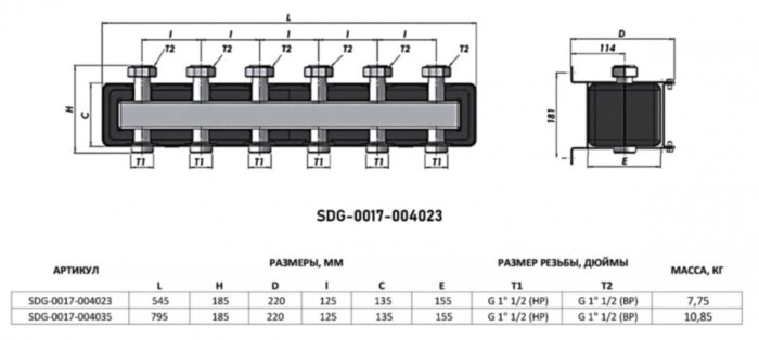 Коллектор распределительный STOUT SDG-0017 3-х контурный ВР-НР 1 1/2" DN 40 PN 4 в теплоизоляции