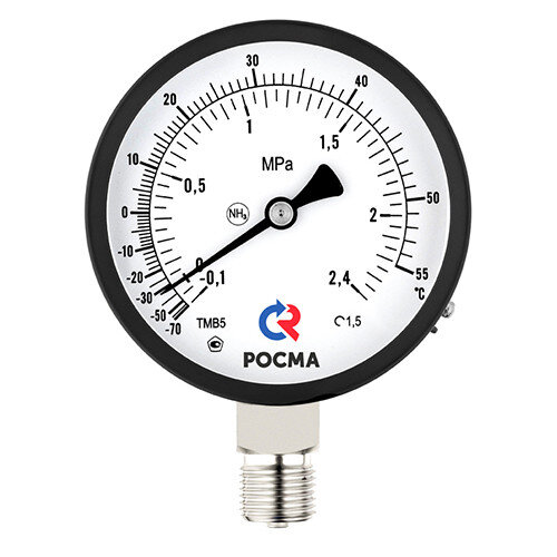 Мановакуумметр РОСМА ТМВ-511Р.00 NH3 (-0,1...1,5 MПa) Дкорп=100мм кл. 1,5 G1/2" аммиачный радиальный 00000039676