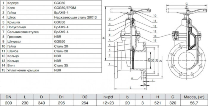 Задвижка ADL ГРАНАР KR20 Ду 200 Ру 16 фланцевая клиновая чугунная под штурвал с электроприводом с обрезиненным клином