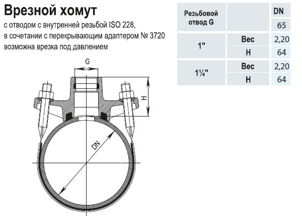 Врезной хомут HAWLE 3500 DN 65-1 1/4" PN 16 универсальный с резьбовым подключением ISO 228 3