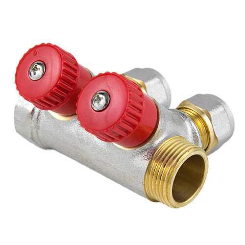 Коллектор латунный Aquasfera 7018 DN 16/20 PN 16 резьба - 3/4"х16х2, покрытие - никель, с регулирующими клапанами, резьбовой ВР-НР/компрессионный, ручка-маховик красная, 7018-01