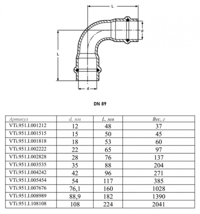 Угольник 90 градусов VALTEC VTi.951.I DN 89 PN 16 двухраструбный нержавеющая сталь