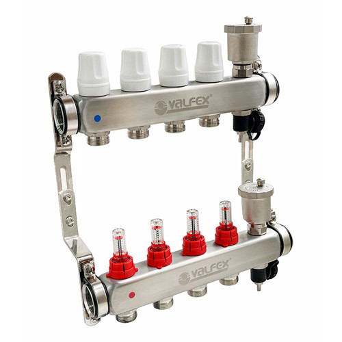 Коллекторная группа VALFEX VF.586.0611 11-ти контурный ВР-НР 1"x3/4" DN 25 PN 6 с дренажными кранами и регулирующими, балансировочными клапанами и расходомерами 1