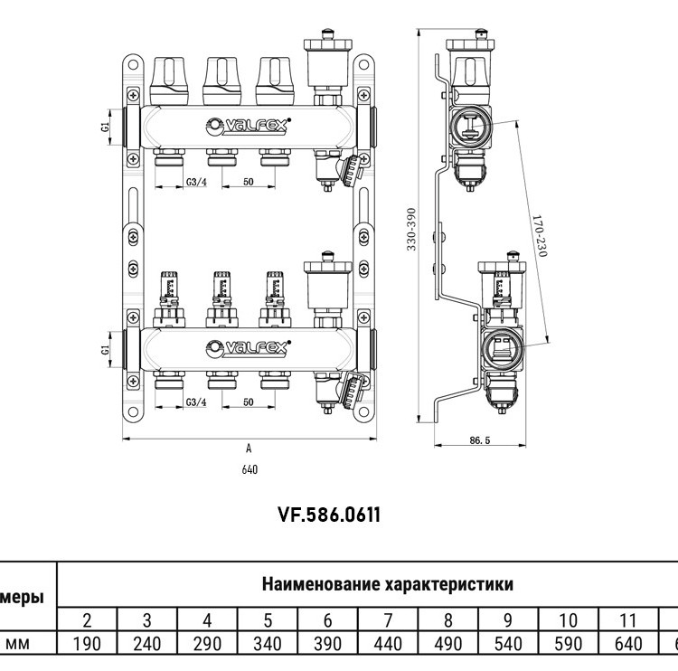 Коллекторная группа VALFEX VF.586.0611 11-ти контурный ВР-НР 1"x3/4" DN 25 PN 6 с дренажными кранами и регулирующими, балансировочными клапанами и расходомерами 2