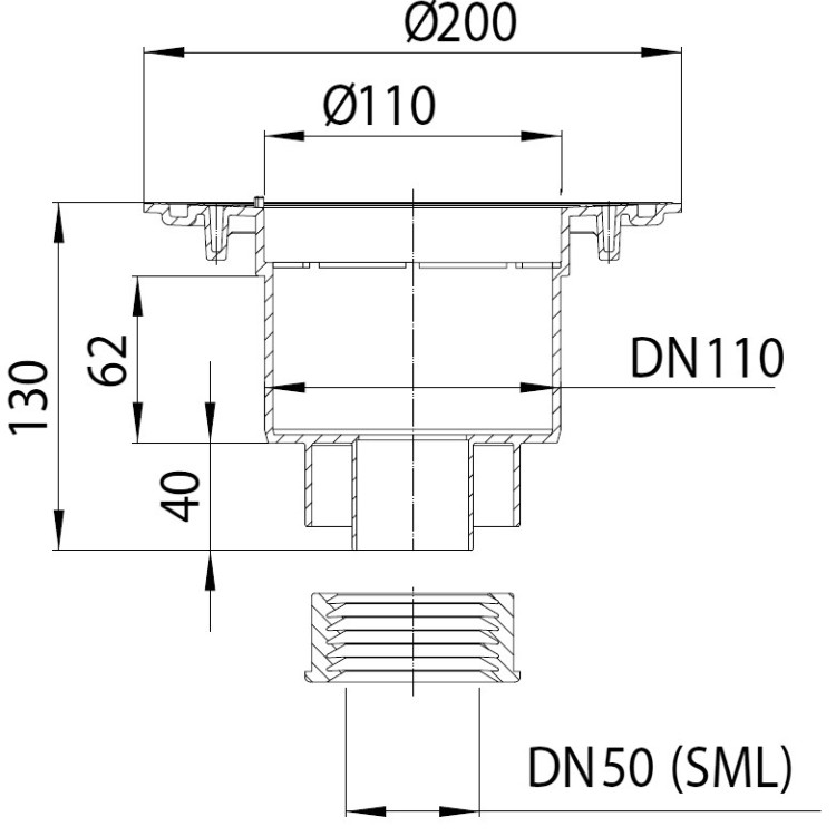Корпус трапа HL310NKSML/50 DN50 вертикальный выпуск, под чугунную трубу, монтажная заглушка 2