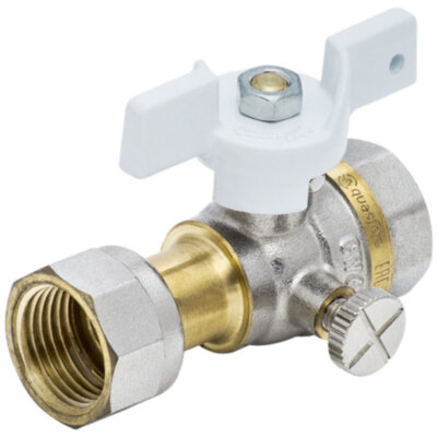 Кран шаровой латунный для манометра Aquasfera Standard 1124 DN 25 PN 40 резьба - 1/2''-M20x1.5, покрытие - никель, полнопроходной резьбовой ВР-ВР с накидной гайкой, ручка-бабочка белая 1124-03